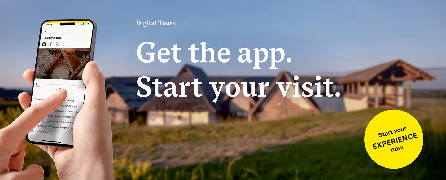 Motiv: Staaliche Schlösser und Gärten Baden-Württemberg, Illustration: JUNG:Kommunikation GmbH Heuneburg – Celtic City Of Pyrene, advertising banner for the app "Monument BW"